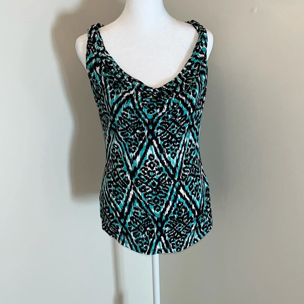 Inc International Concepts sleeveless drape neck aqua black & white top Small S